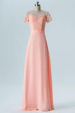 Peach Sherbet A Line Floor Length Sheer Nack Short Sleeve Open Back Cheap Bridesmaid Dresses