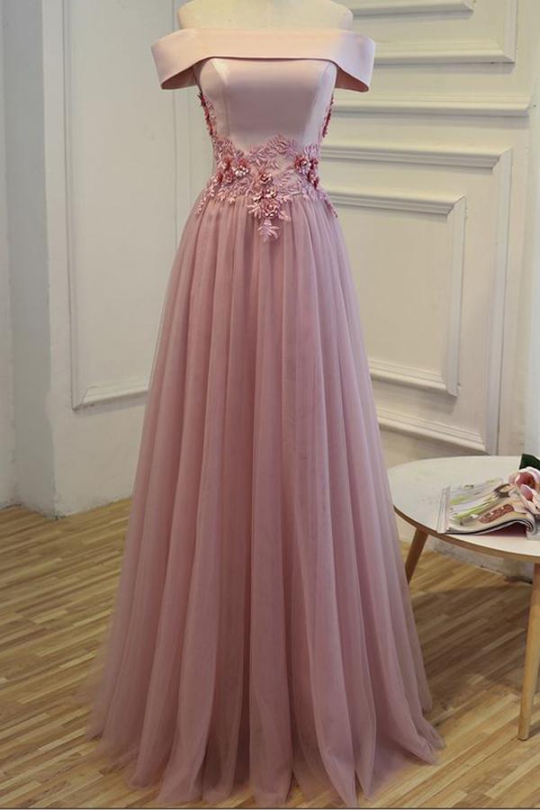 Pink A Line Floor Length Off Shoulder Lace Up Tulle Appliques Beading Cheap Bridesmaid Dress