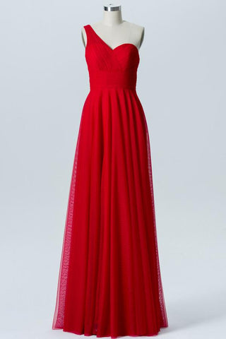 Red A Line Floor Length One Shoulder Sleeveless Open Back Cheap Bridesmaid Dresses