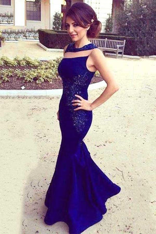 Navy Blue Mermaid Jewel Neck Floor Length Sleeveless Cheap Bridesmaid Dress