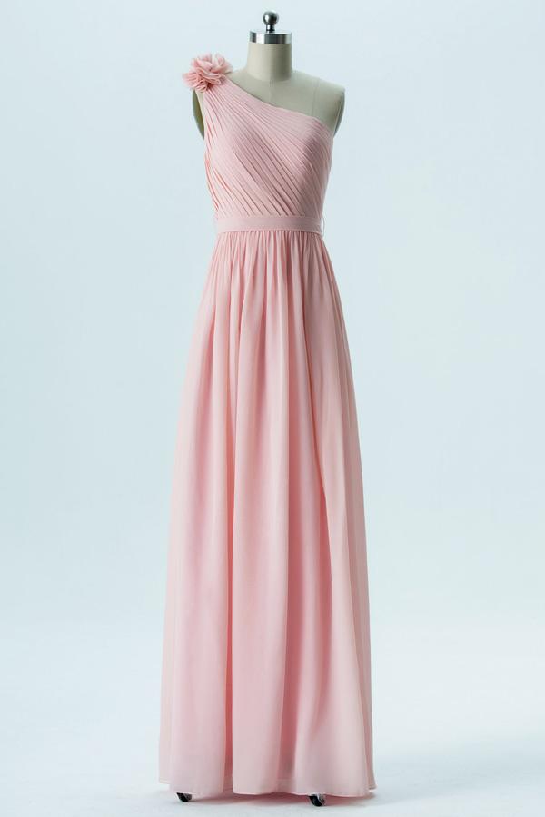 Soft Pink A Line Floor Length One Shoulder Sleeveless Open Back Cheap Bridesmaid Dresses