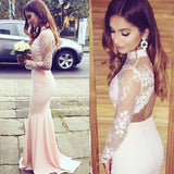 Pink Mermaid Sweep Train High Neck Long Sleeve Keyhole Back Appliques Bridesmaid Dress B293 - Ombreprom