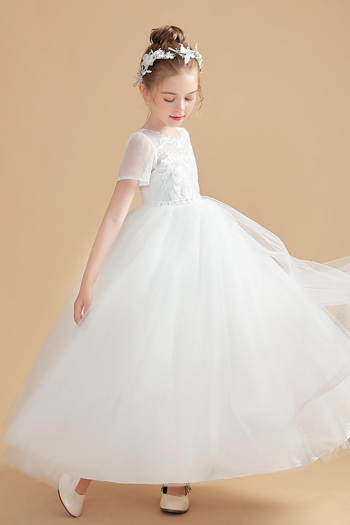 Ivory Tulle Short Sleeves Flower Girl Dress With Lace Appliques FL0001