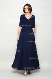 Dark Navy A Line V Neck Ankle Length Half Sleeve Chiffon Mother of the Bride Dresses M33 - bohogown