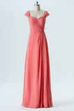Dusty Coral A Line Floor Length Sweetheart Capped Sleeve Open Back Cheap Bridesmaid Dresses