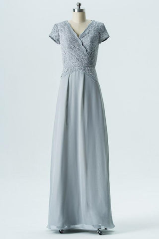 Storm Grey A Line Floor Length Capped Sleeve Lace Appliques Cheap Bridesmaid Dresses