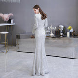 Long Sleeves V-neck Sheath Sequins Long Evening Gowns