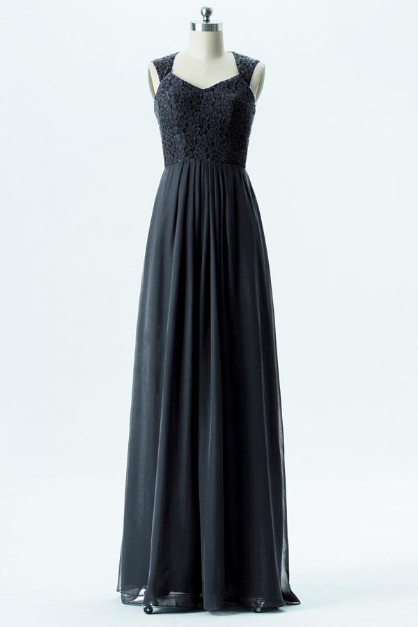 Black A Line Floor Length Curve Neck Lace Appliques Bridesmaid Dresses B195 - bohogown