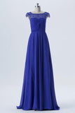 Classic Blue A Line Sweep Train Scoop Capped Sleeve Lace Appliques Cheap Bridesmaid Dresses B151 - bohogown