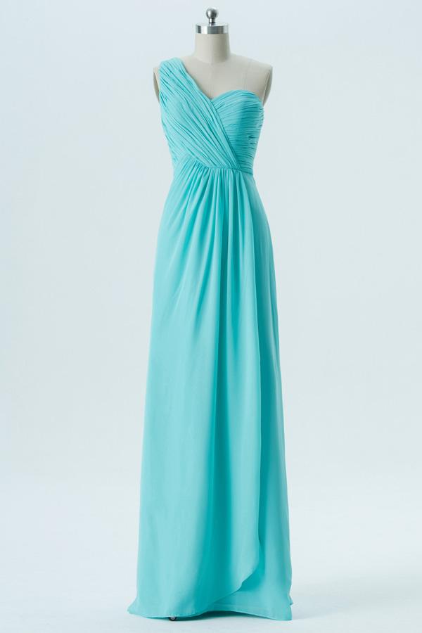 Turquoise A Line Floor Length One Shoulder Sleeveless Open Back Cheap Bridesmaid Dresses