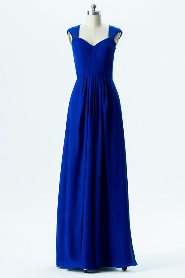 Classic Blue A Line Floor Length Sweetheart Capped Sleeve Cheap Bridesmaid Dresses B193 - bohogown