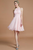 Pink A Line Knee Length Halter Sleeveless Chiffon Bridesmaid Dress, Wedding Party Dress