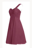 Burgundy A Line Knee Length One Shoulder Sleeveless Cheap Bridesmaid Dress,Homecoming Dress B279 - bohogown