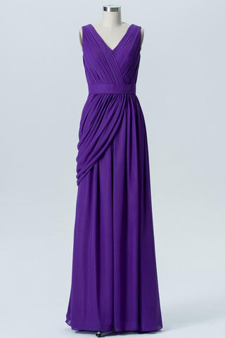 Royal Purple A Line Floor Length V Neck Sleeveless Deep V Back Cheap Bridesmaid Dresses