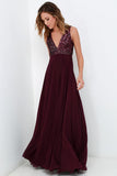 Burgundy A Line Floor Length Deep V Neck Sleeveless Bridesmaid Dress, Wedding Party Dress B309 - Ombreprom