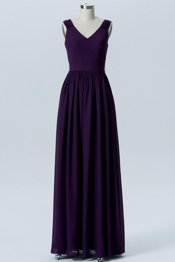 Plum Purple A Line Floor Length V Neck Sleeveless V Back Cheap Bridesmaid Dresses