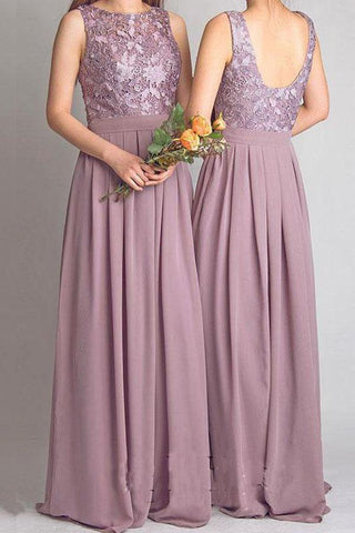 A Line Floor Length Jewel Neck Sleeveless Open Back Appliques Cheap Bridesmaid Dress B213 - bohogown