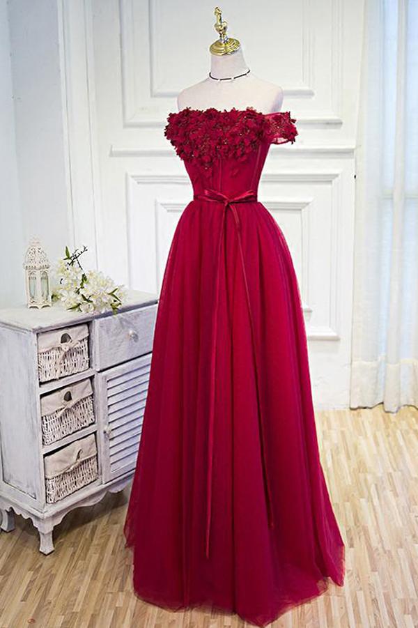 Red A Line Floor Length Off Shoulder Lace Up Appliques Cheap Bridesmaid Dress B247 - Ombreprom