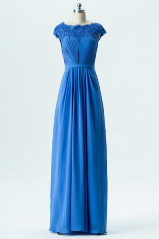 Blue A Line Floor Length Scoop Capped Sleeve Lace Appliques Cheap Bridesmaid Dresses B152 - bohogown