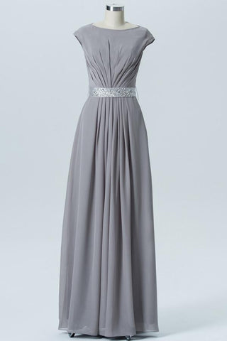 Steel Grey A Line Floor Length Jewel Neck Capped Sleeve Bowknot Cheap Bridesmaid Dresses