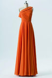 Mandarin Orange A Line Floor Length One Shoulder Sleeveless Chiffon Cheap Bridesmaid Dresses