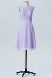 Pastel Lilac A Line Knee Length Sheer Neck Capped Sleeve Bowknot Cheap Bridesmaid Dresses