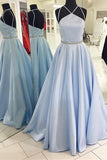 Blue A Line Floor Length Halter Sleeveless Backless Beading Cheap Bridesmaid Dress B250 - bohogown