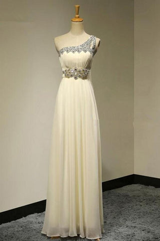 Ivory A Line Floor Length One Shoulder Sleeveless Beading Bridesmaid Dress, Wedding Party Dress