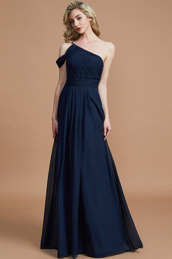 Navy Blue A Line Floor Length One Shoulder Sleeveless Chiffon Bridesmaid Dress, Wedding Party Dress