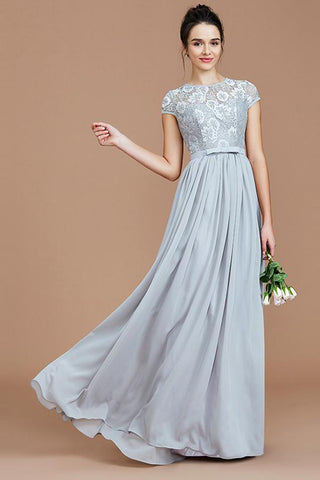 Gray A Line Floor Length Short Sleeves Chiffon Bridesmaid Dress, Wedding Party Dress