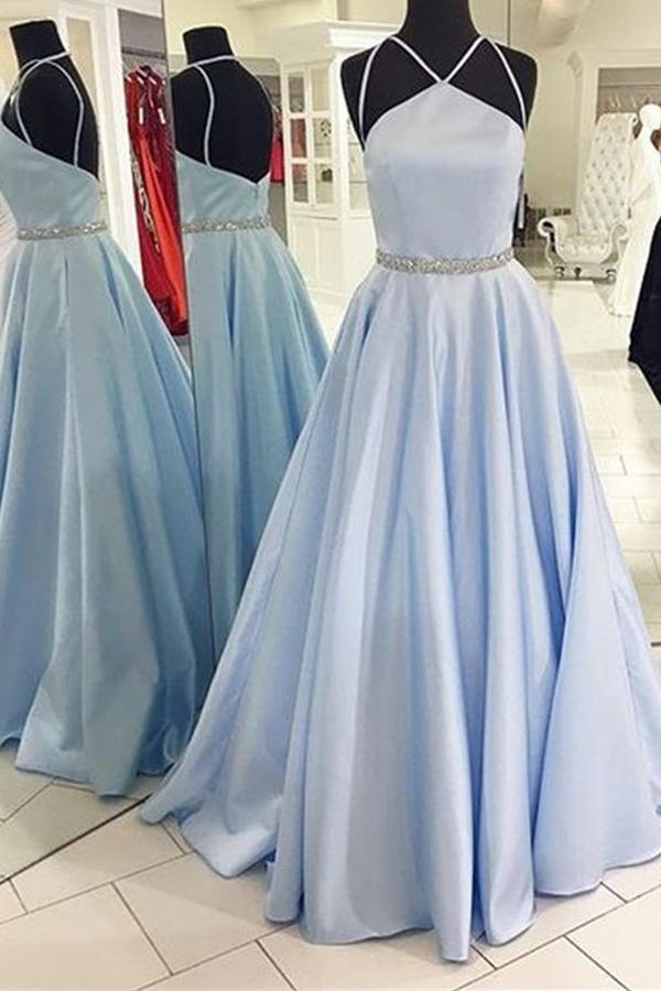 Blue A Line Floor Length Halter Sleeveless Backless Beading Cheap Bridesmaid Dress B250 - Ombreprom