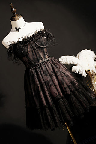 A Line Sleeveless Black Feather Short Evening Dress Prom Homecoing Dress