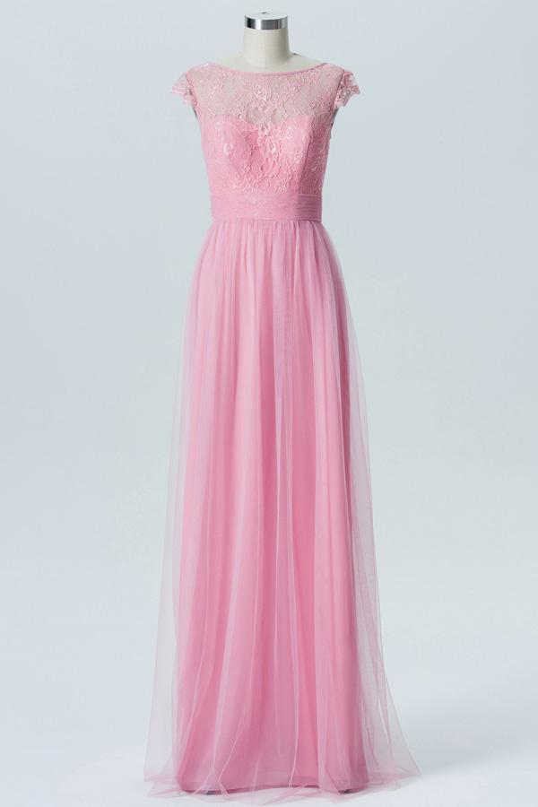 English Rose A Line Floor Length Sheer Neck Capped Sleeve Appliques Cheap Bridesmaid Dresses