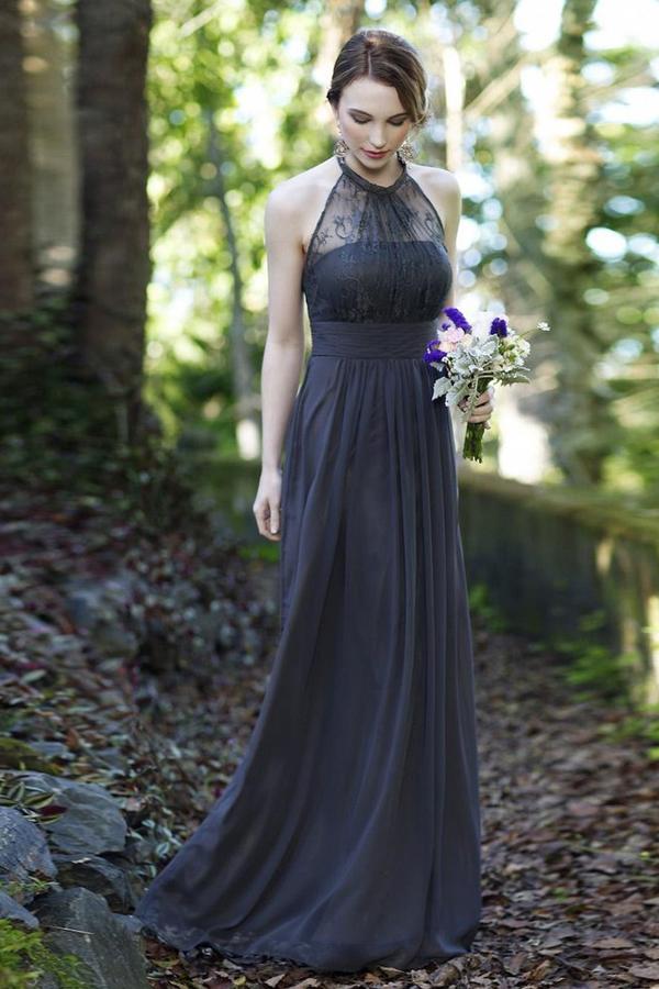 A Line Floor Length Halter Sleeveless Lace Bridesmaid Dress, Wedding Party Dress B311 - bohogown