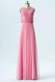 English Rose A Line Floor Length Jewel Neck Sleeveless Appliques Cheap Bridesmaid Dresses