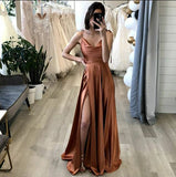 Brown Simple A Line Evening Party Dress Long Prom Dress With Split
