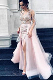 Pink Sexy Long SleevesTulle Lace Appliques Evening Dress Mermaid Prom Dress