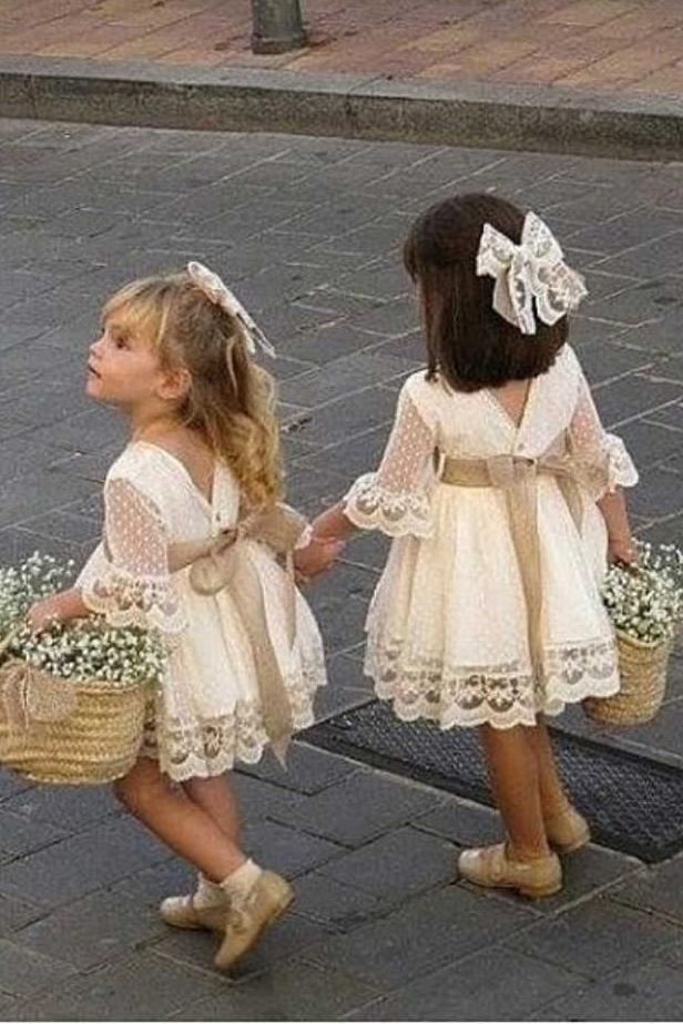 A Line 3/4 Sleeve Lace Flower Girl Dresses Above Knee Baby Dress with Sash F083
