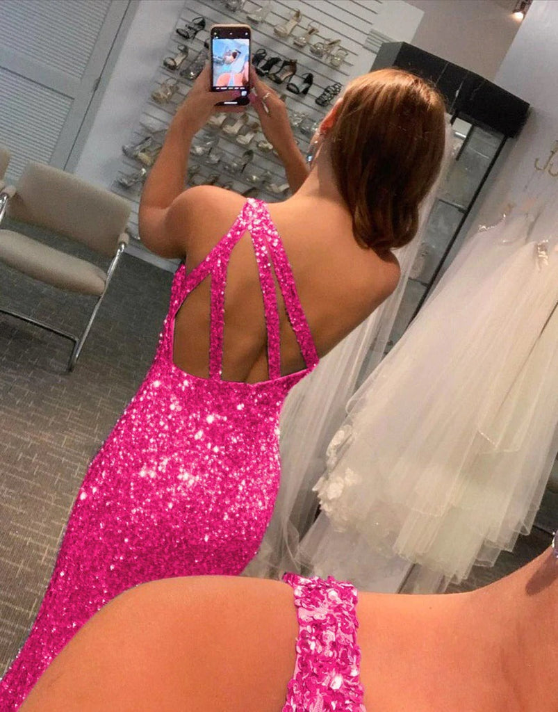 Mermaid Sparkle One Shoulder Sequins Open Back Prom Dress