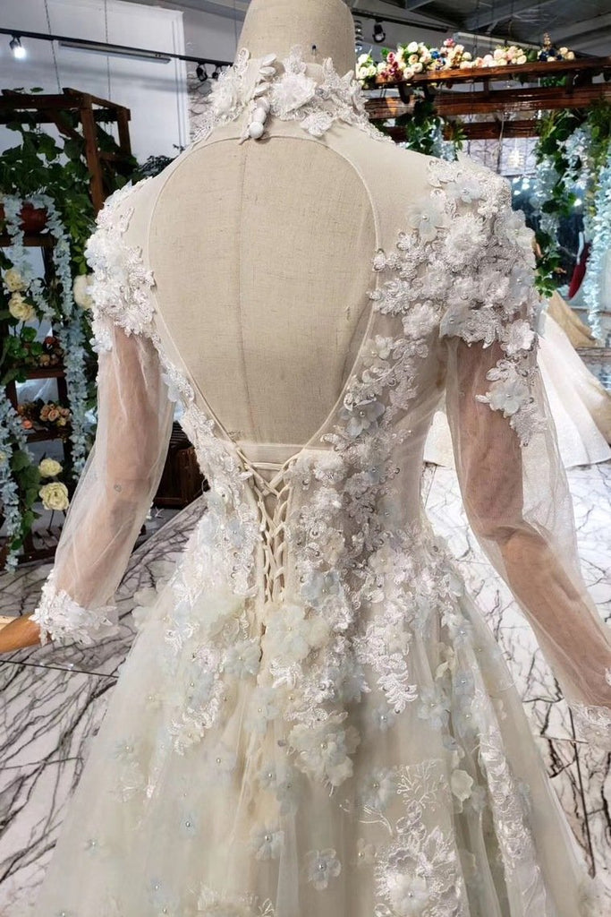 A Line High Neck Long Sleeves Wedding Dresses With Flowers N1650