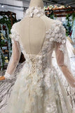 A Line High Neck Wedding Dress With Flowers, Long Sleeves Bridal Dress N1650