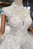 Gorgeous High Neck Ball Gown Lace Wedding Dress, Long Big Wedding Gown With Sequins N1651