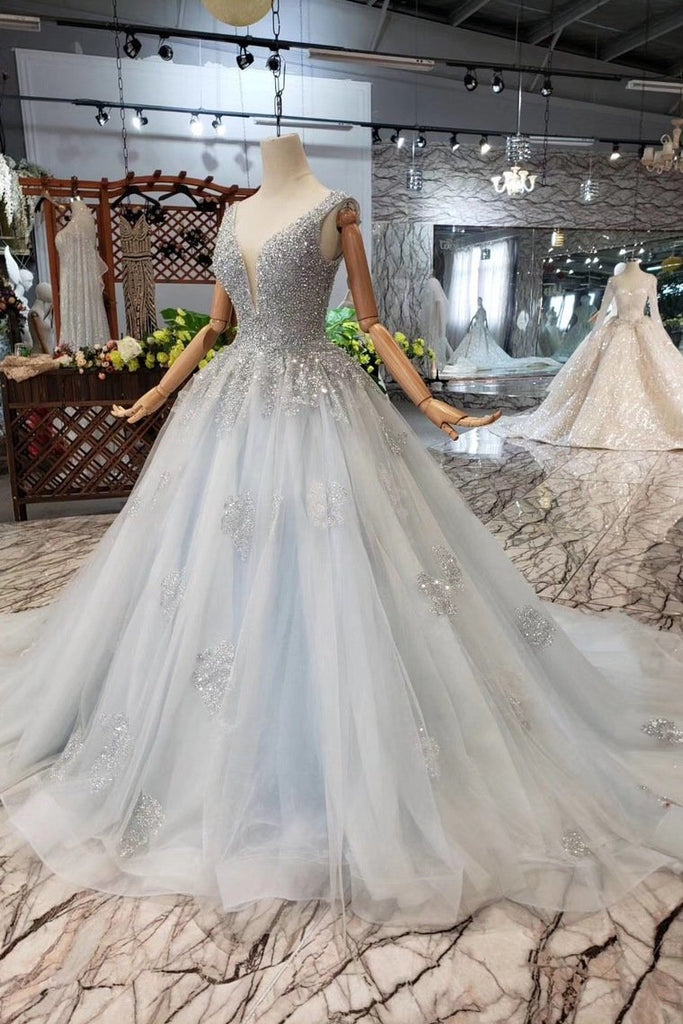 Ball Gown Deep V Neck Sleeveless Tulle Wedding Dress With Beading, Prom Dress N1671