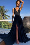 Black Chiffon Simple A-line V-neck Evening Dress With Split Long Prom Dress