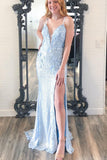 Floral Appliques Long Prom Dress With Elegant Mermaid Light Blue Sequin
