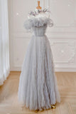 Gray A Line Off the Shoulder Tulle Formal Evening Dress Long Prom Dress