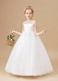 Cute Ivory Tulle Round Neck Flower Girl Dress With Lace FL0020