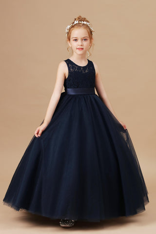 Stain-Sash Lace Tulle Pretty Flower Girl Dress With Bownot FL0021