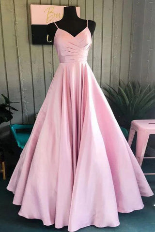 Pink Spaghetti Straps V-neck A-line Rushed Satin Long Prom Dress