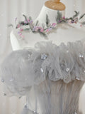 Gray A Line Off the Shoulder Tulle Formal Evening Dress Long Prom Dress